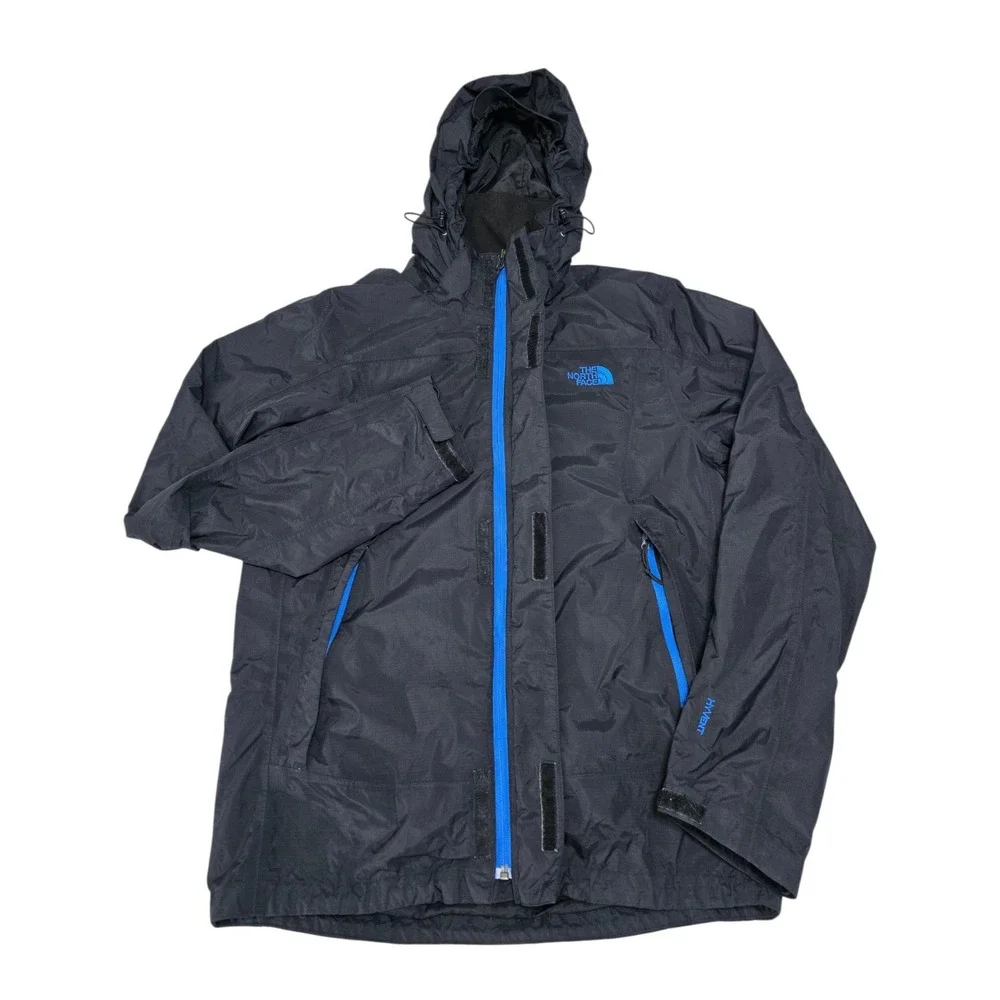 The North Face HyVent Rain Jacket Mens Small Black Blue Hooded Waterproof Coat